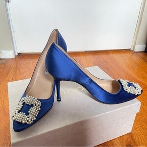 Manolo Blahnik Hangisi Blue Satin Heels with Pearl Buckle